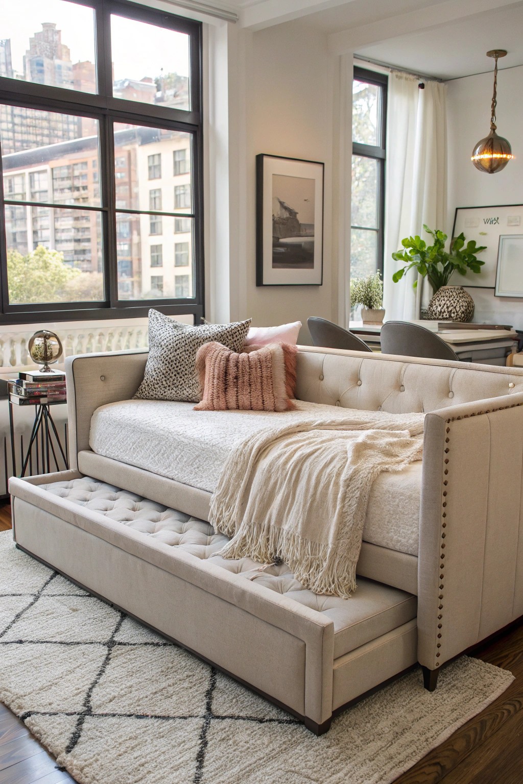 A daybed elegantly transitions from daytime relaxation to nighttime rest.