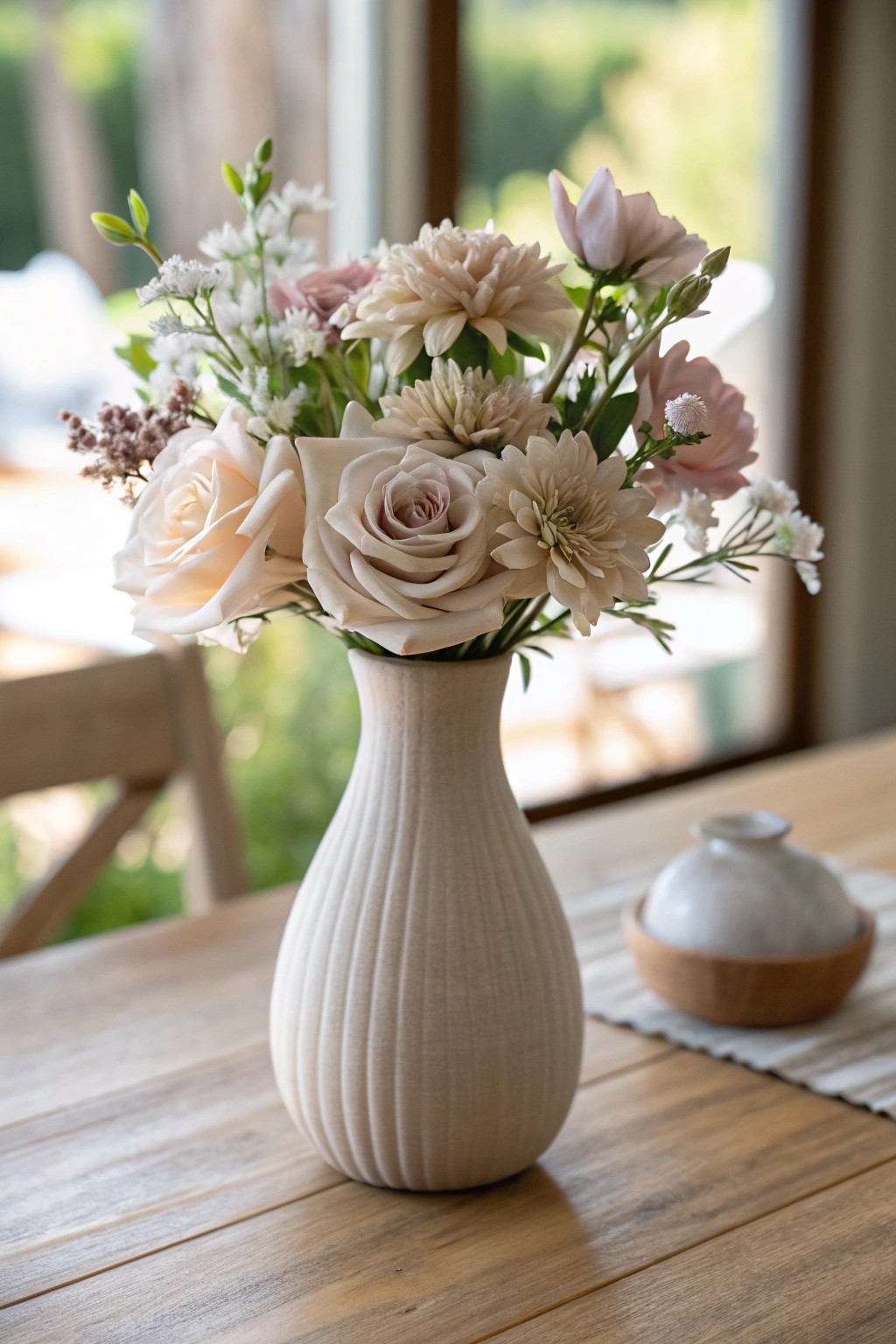 Effortless elegance: Faux florals in a handcrafted statement vessel.