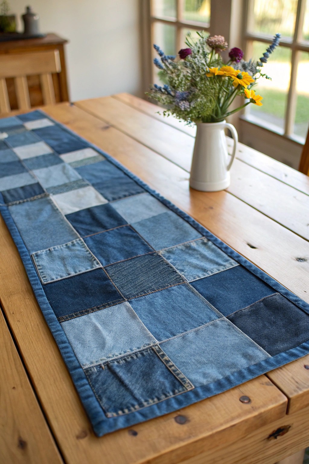Elevate your table with the effortless charm of a handmade upcycled denim runner.