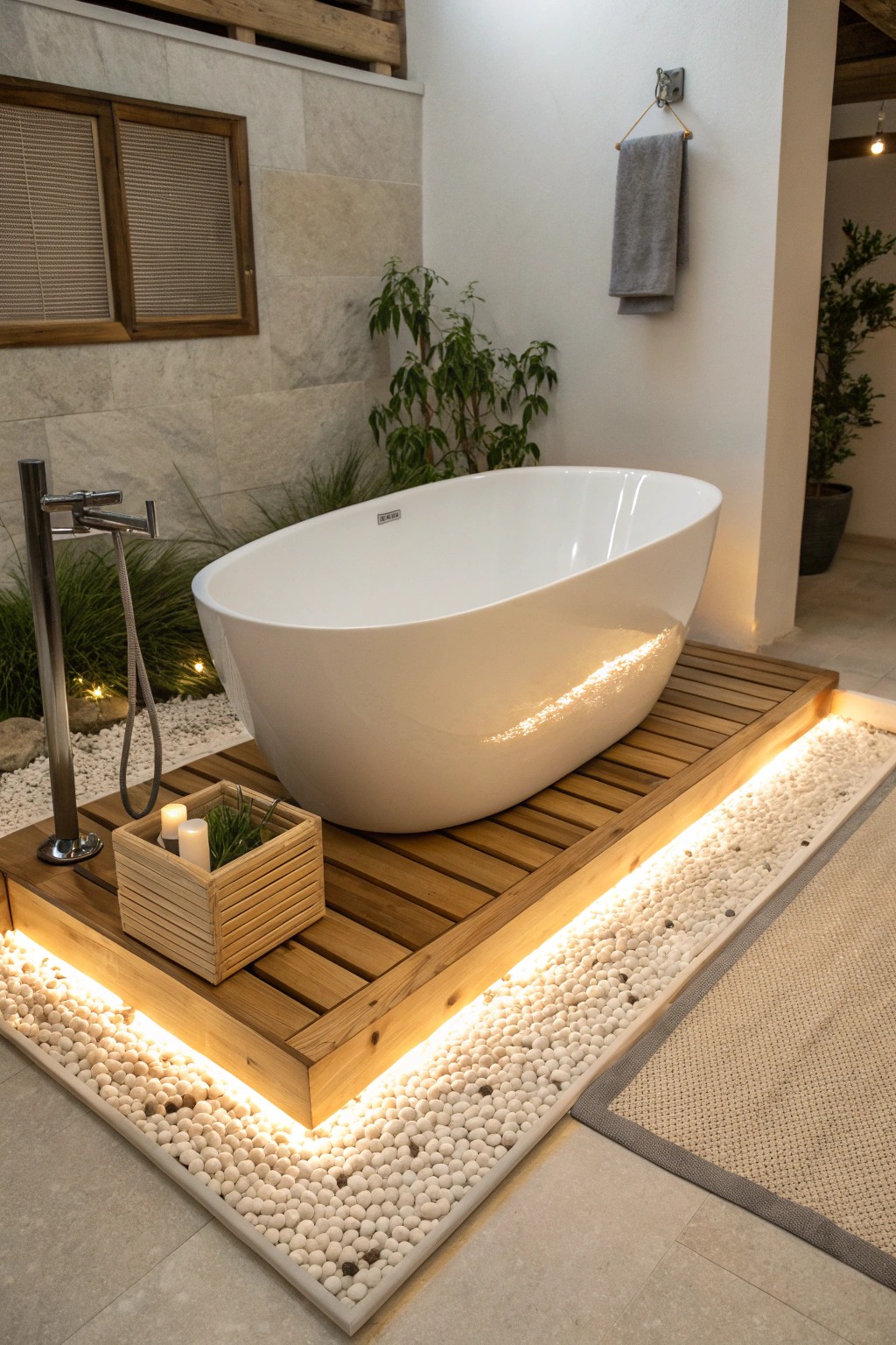 Serene soak: Hidden LED lighting transforms a tub platform into a glowing centerpiece.