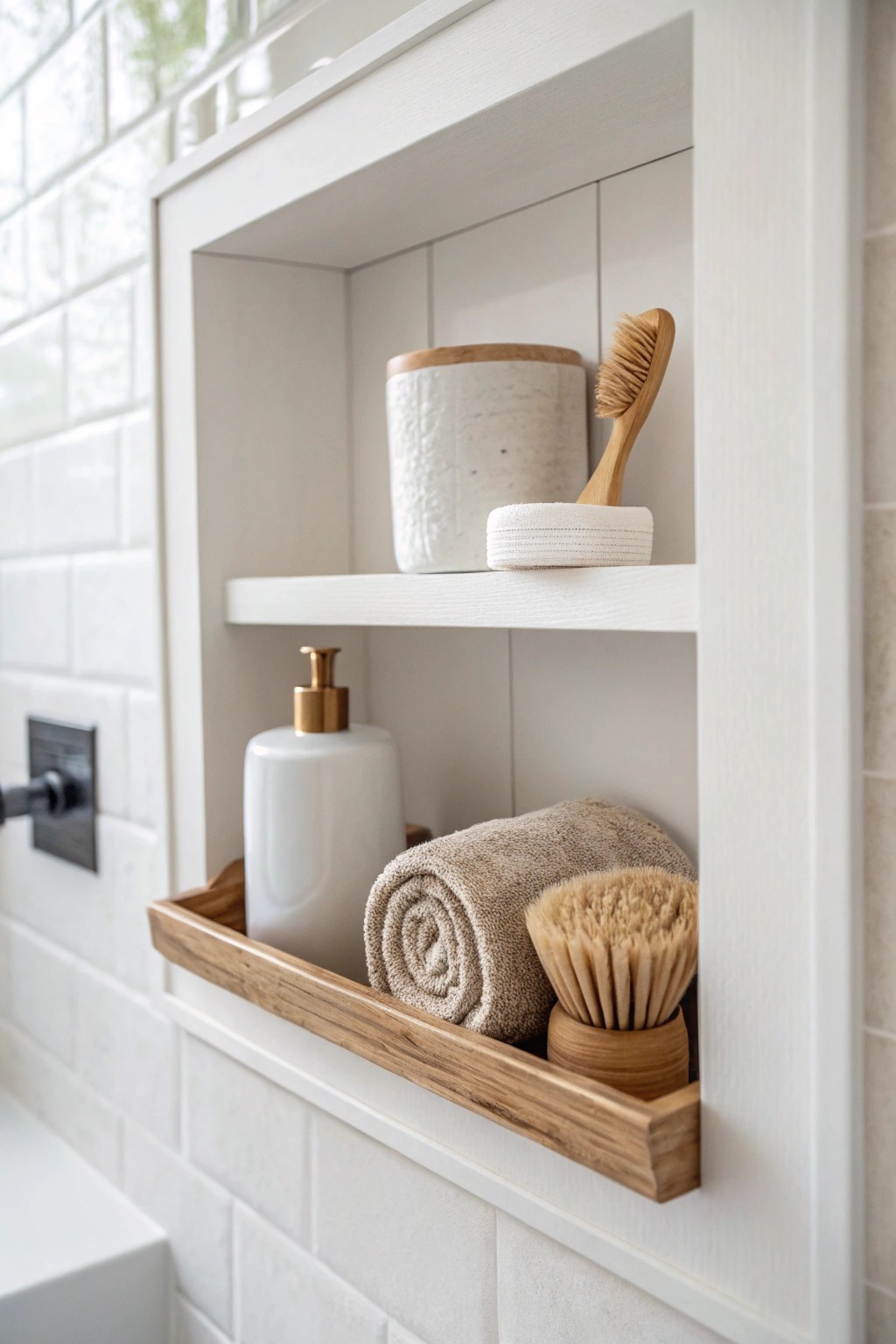 Effortless elegance: a recessed niche keeps bathroom essentials beautifully organized and clutter-free.