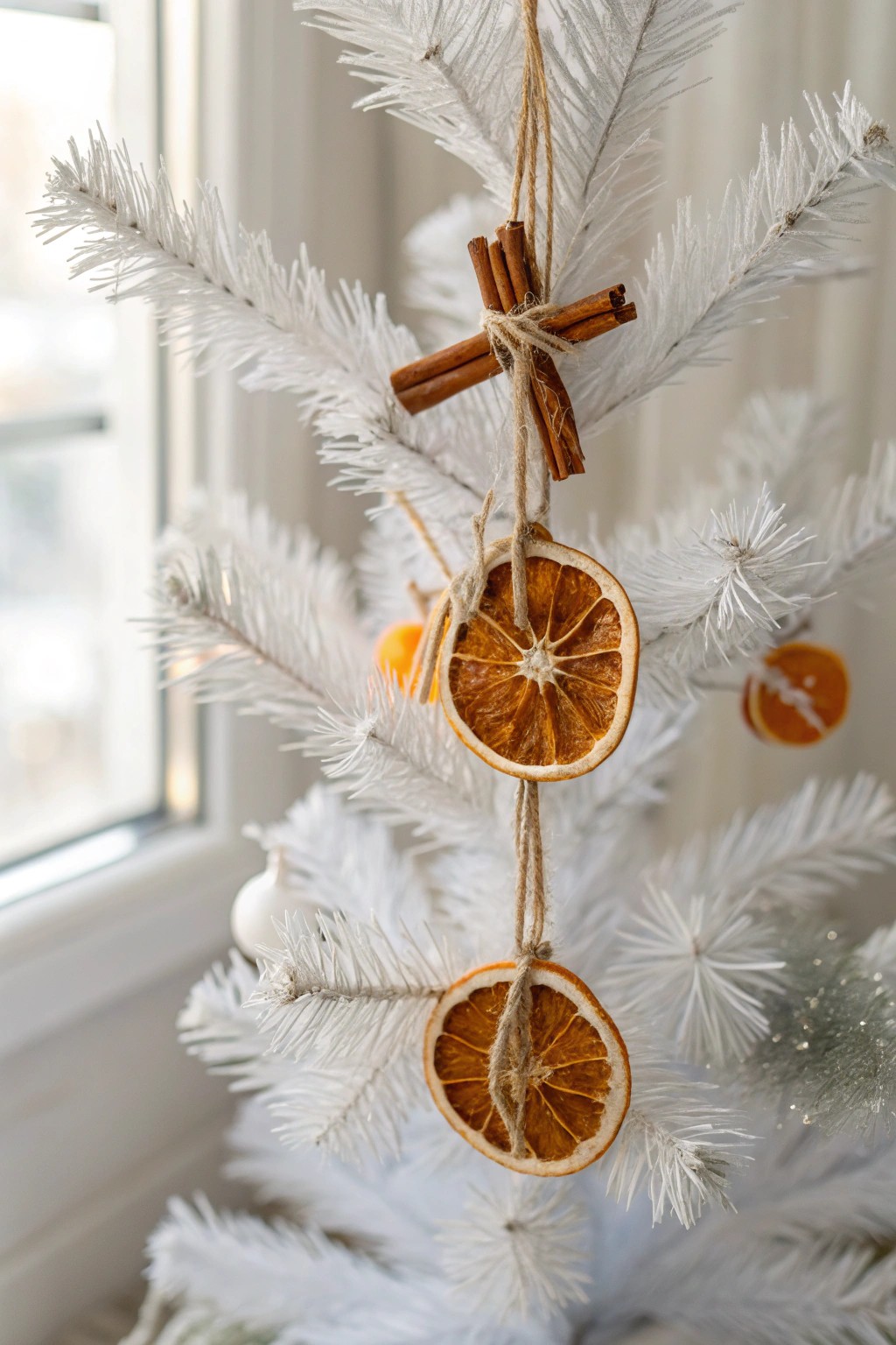 Brighten your white Christmas tree with a handcrafted garland of dried oranges and cinnamon sticks—simple, stunning, and delightfully aromatic.