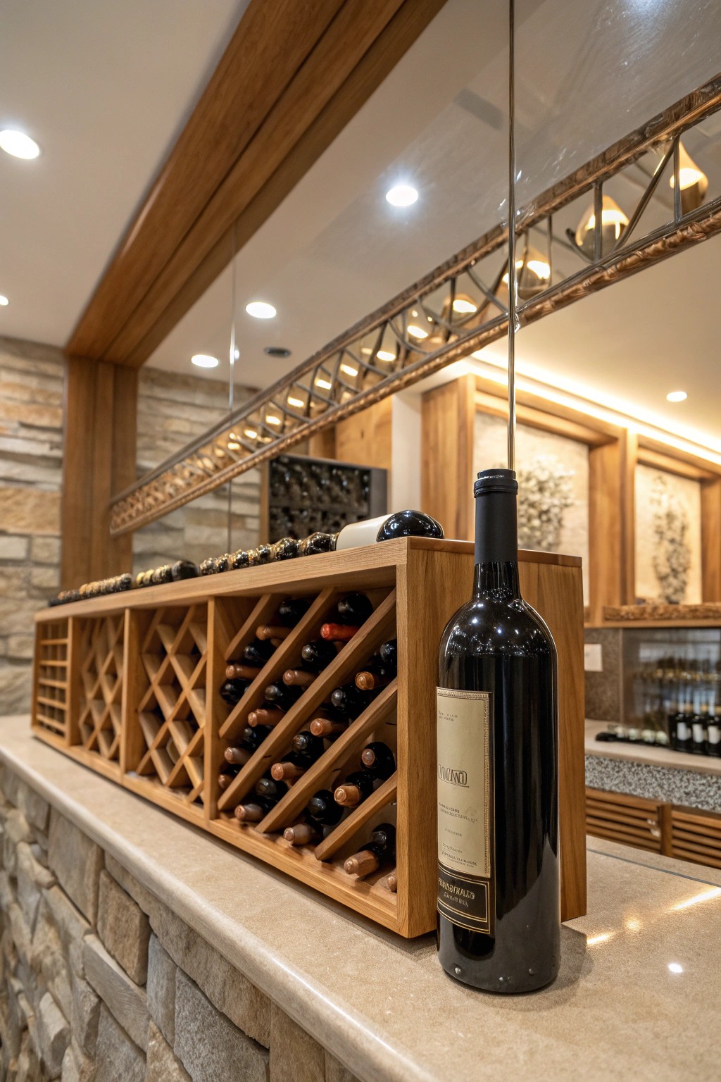 Mirrored ceilings elevate even the simplest wine cellar—doubling depth, beauty, and charm.