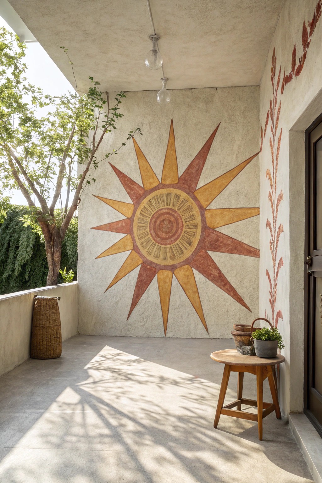 Transform your patio with a statement sunburst mural—simple, bold, and full of personality.