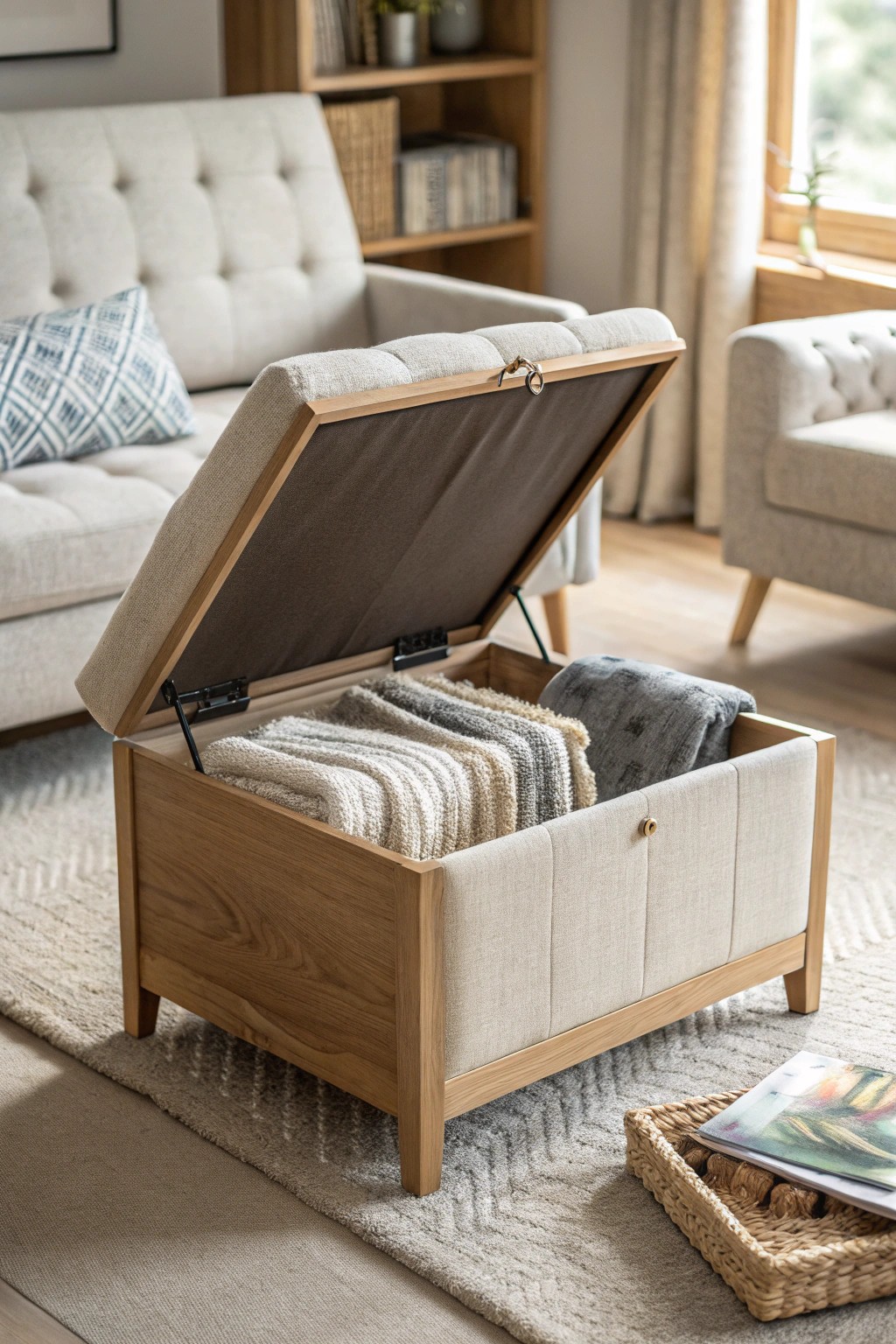 Effortless style meets smart storage—a dual-purpose ottoman for beautiful, functional living.
