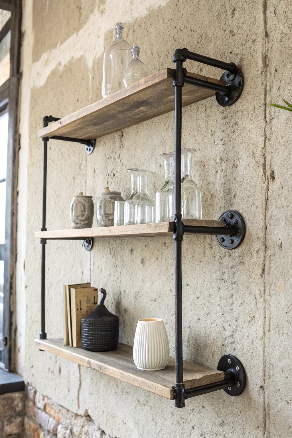 Sleek iron shelving—where industrial edge meets natural simplicity.