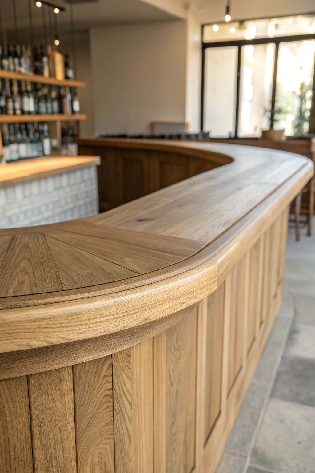 Curved craftsmanship: a rounded wooden bar top brings natural warmth and inviting style to any gathering space.