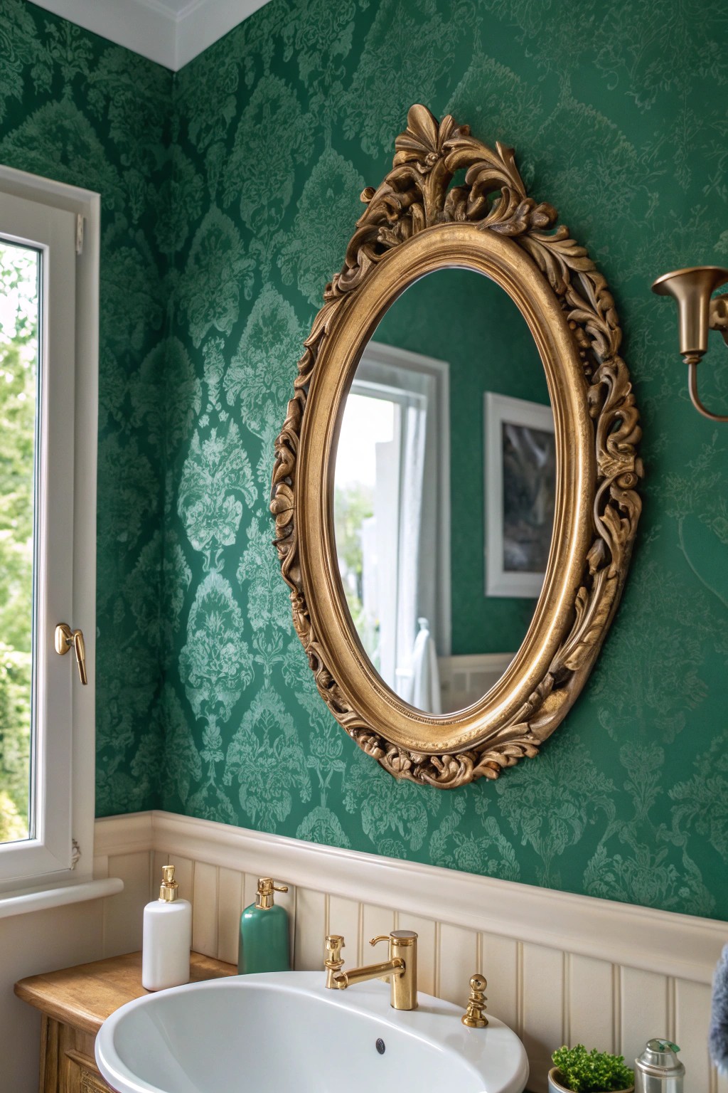 Elevate your bath with moody jewel-toned wallpaper and vintage gold accents for timeless luxury.