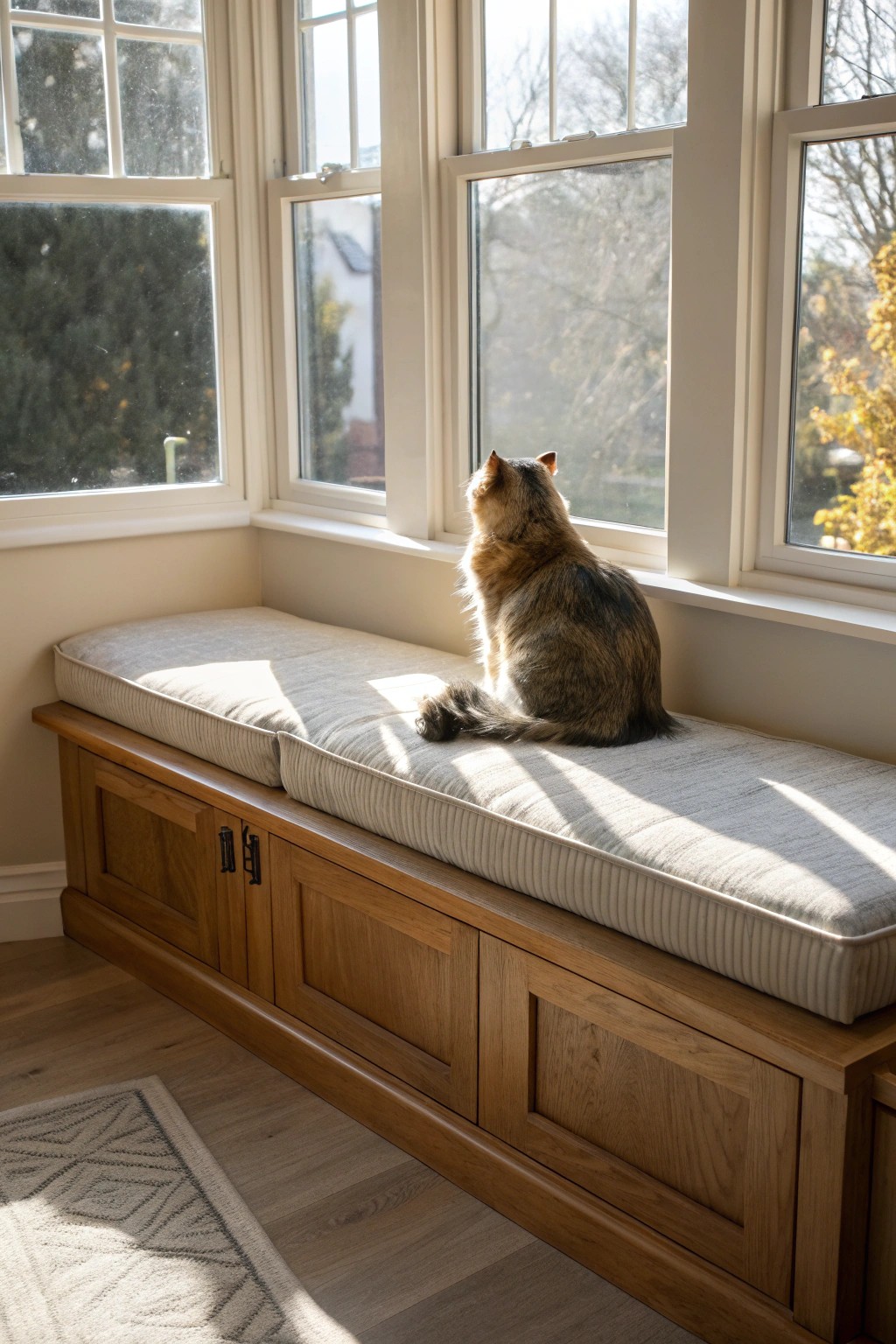 A sunlit bay window seat: the perfect perch for your furry friend.