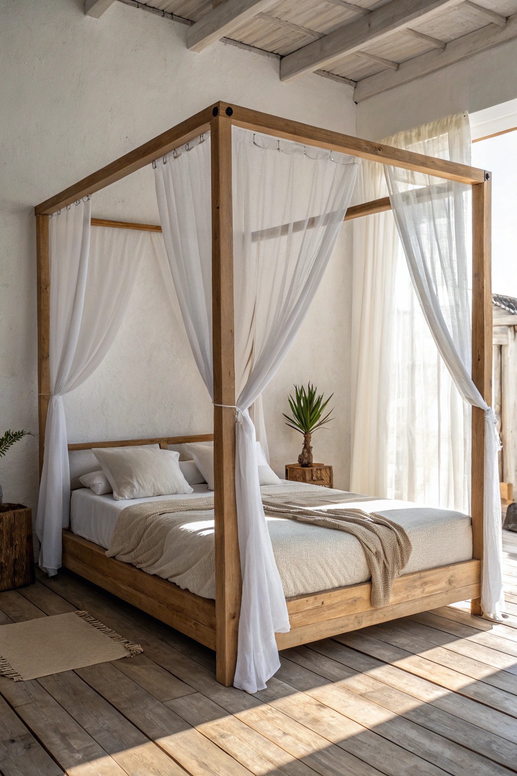 Elevate your bedroom with the timeless charm of a minimalist four-poster bed.