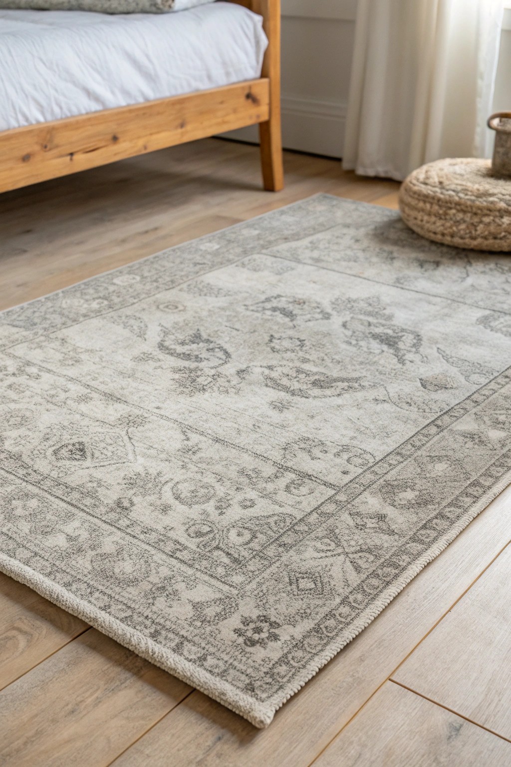 Elevate your bedroom with a monochrome rug—where subtle texture meets serene style.
