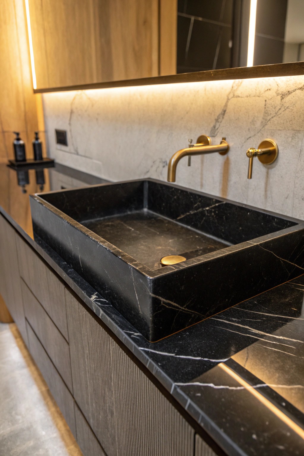 Seamless black surfaces make even the smallest bathrooms feel expansive and sophisticated.