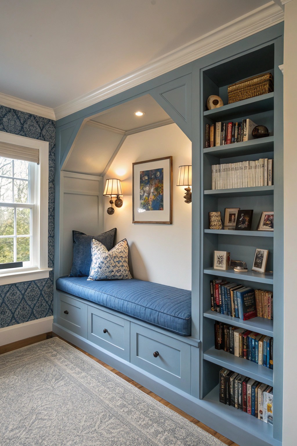 A blue reading nook becomes a peaceful sanctuary within the bedroom.