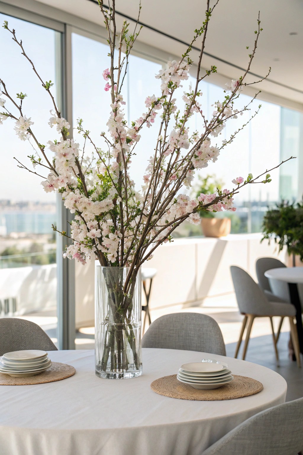 Tall branches bring architecture and natural drama to the centerpiece.