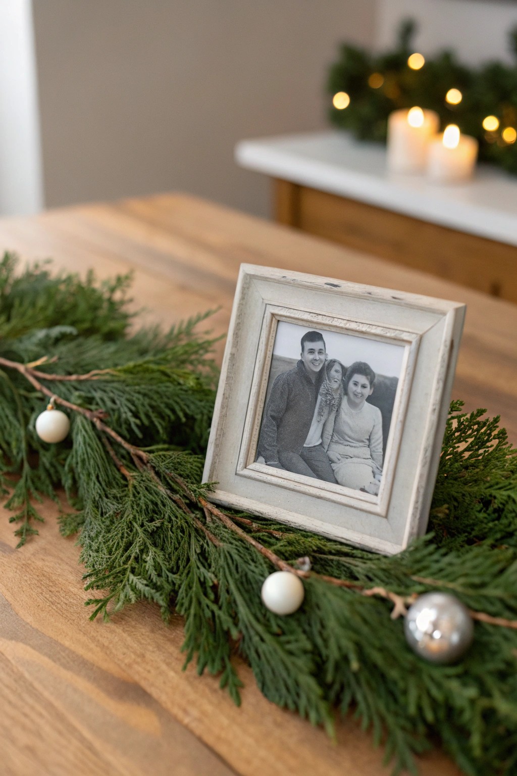A cherished family photo centerpiece—simple, heartfelt, and beautifully festive.