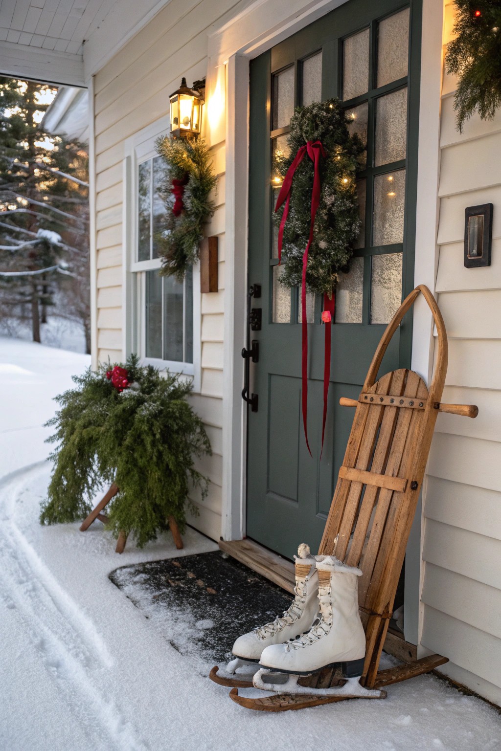 Vintage sled and skates add timeless, wintry character to your entry.