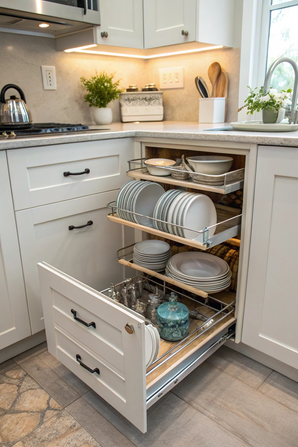 Multi-tiered organizers transform corners into efficient, easy-to-navigate storage.