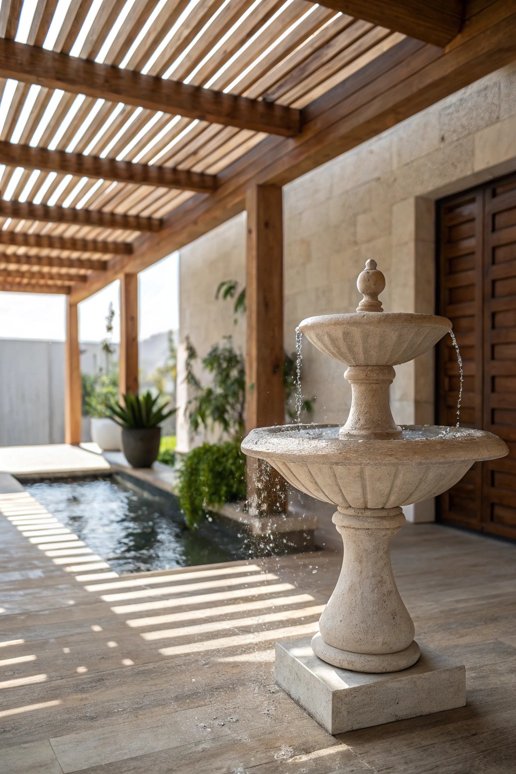 Embrace serenity with a handcrafted water feature under your covered deck.