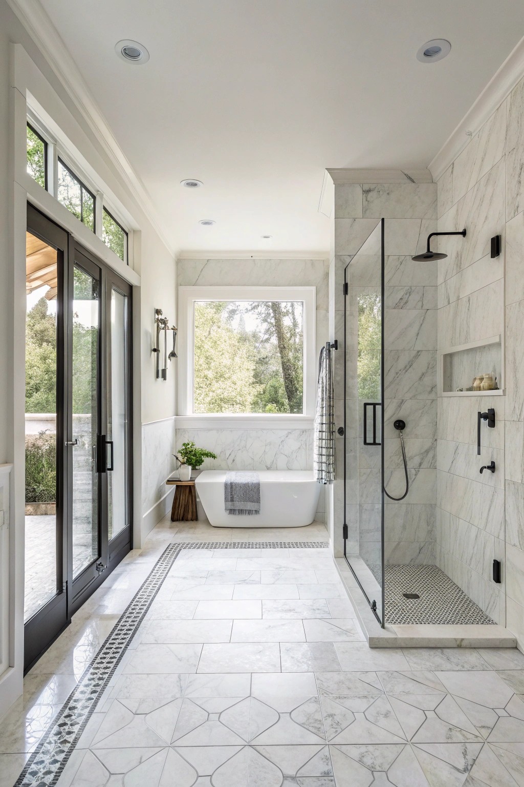 A doorless design blurs boundaries, adding openness to the curbless shower.
