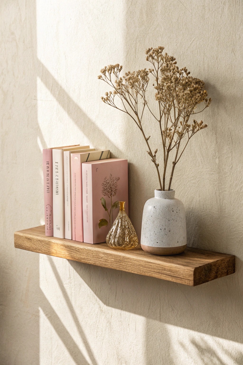 Elevate your space with a simple floating shelf—where books and handmade treasures steal the spotlight.