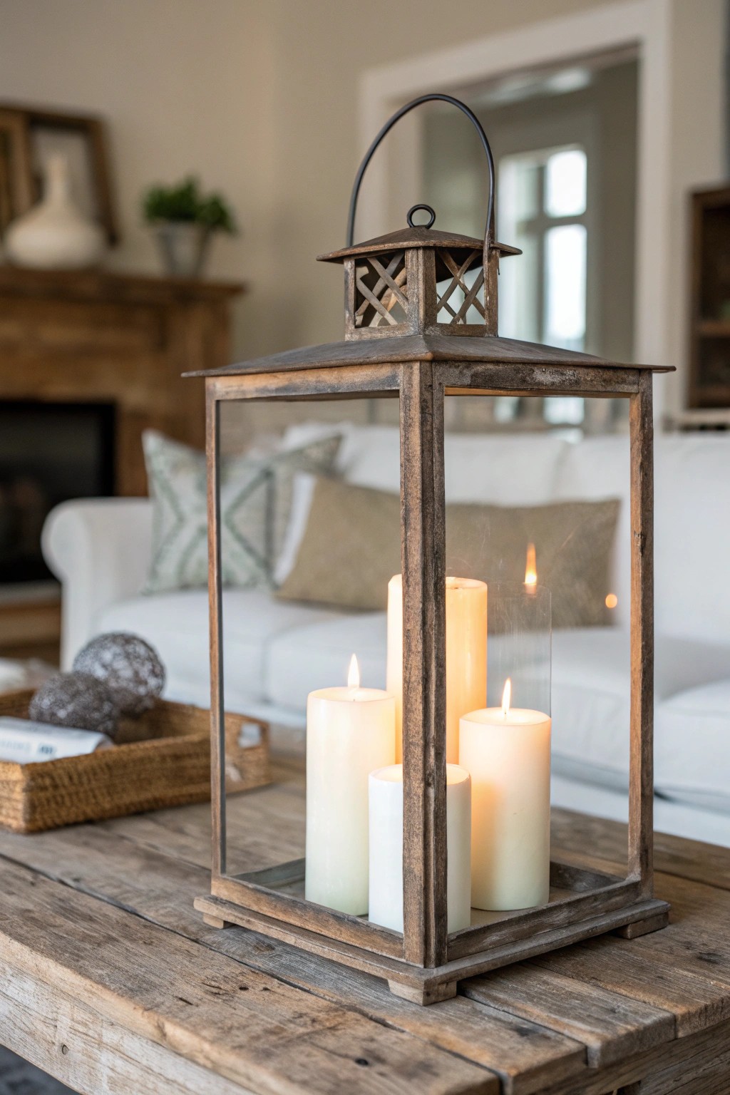 Warm up your farmhouse living room with the timeless charm of an oversized lantern and candlelight.
