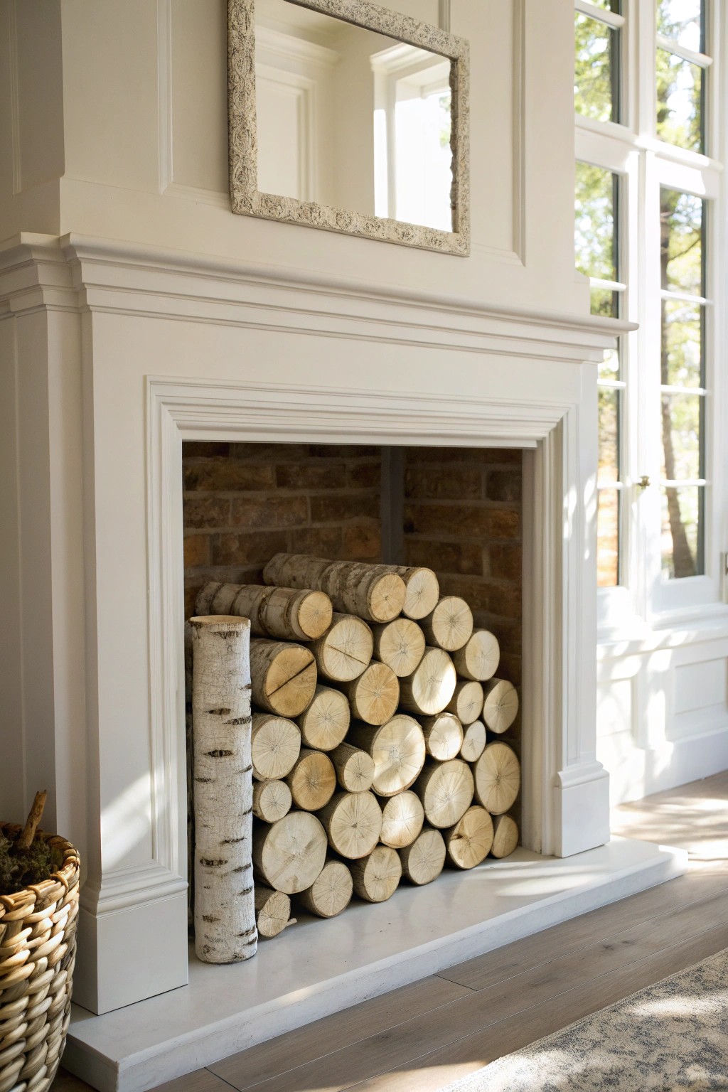 A touch of nature: transform your unused fireplace with artfully stacked birch logs.
