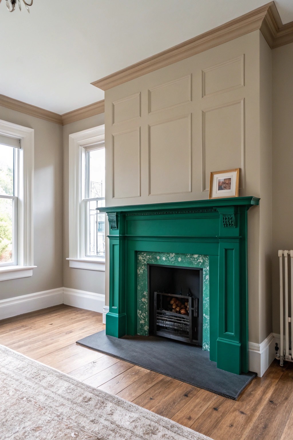 Elevate your space with a bold, handcrafted fireplace surround in emerald green—where simplicity meets vibrant charm.