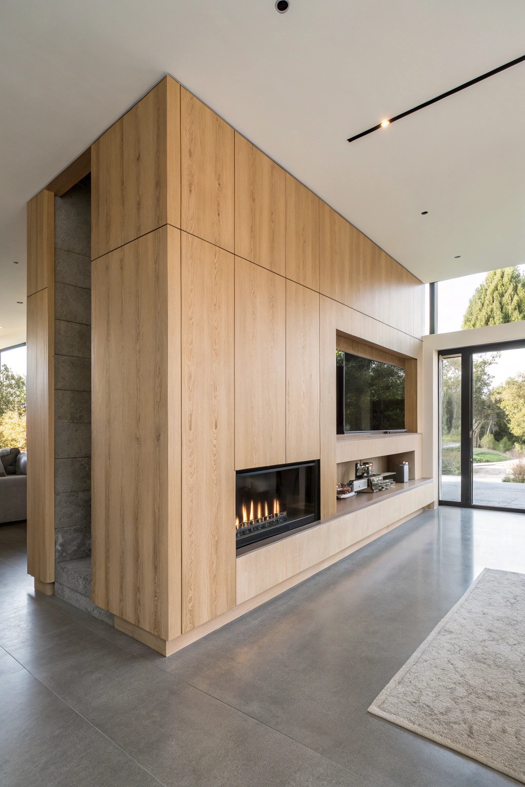 Effortless division: a floating fireplace TV wall blends light, warmth, and open space.
