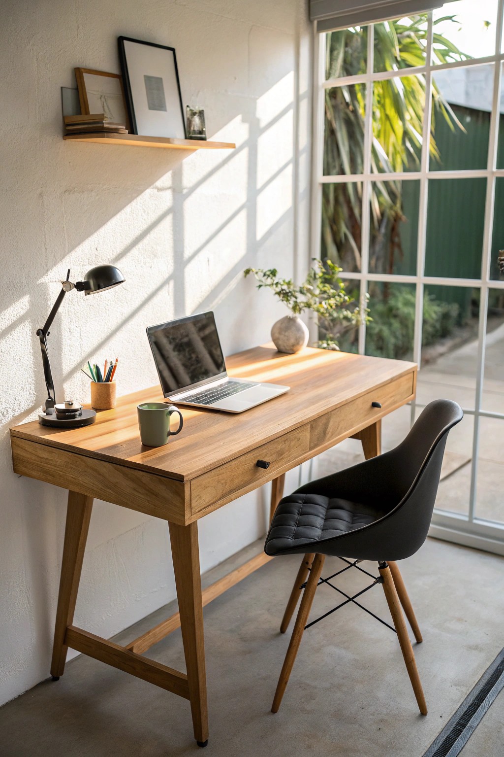 Transform your garage: Create a serene home office retreat with natural materials and timeless design.