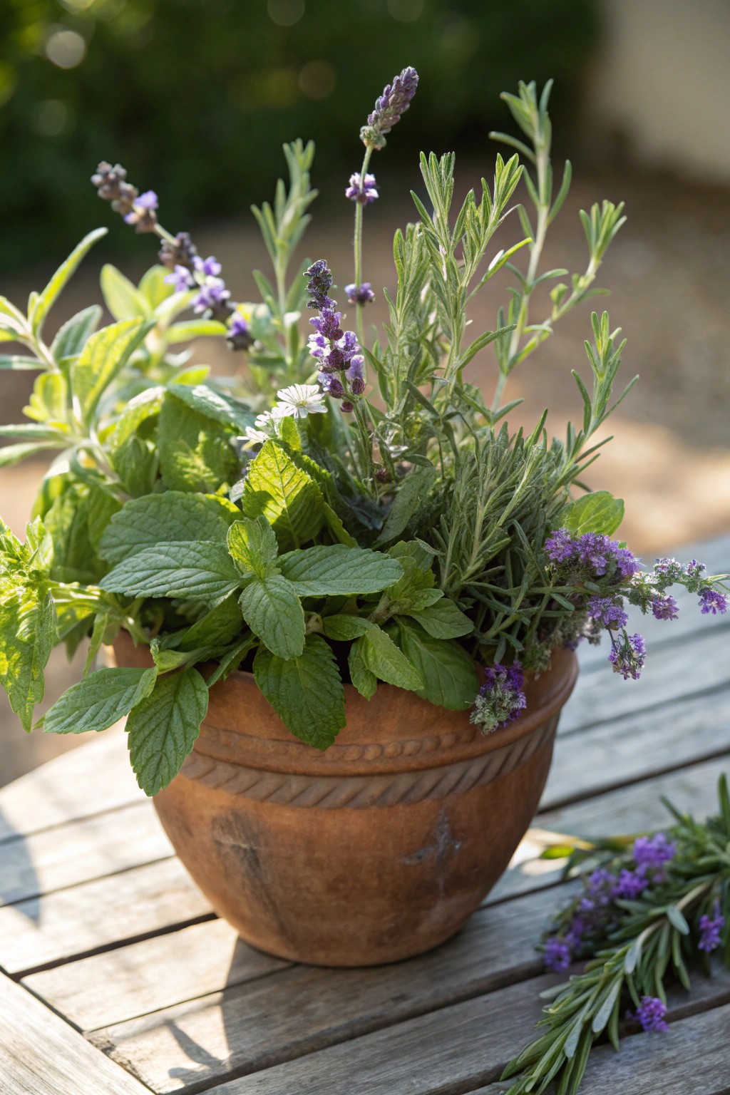 Create a serene scented herb corner with natural beauty and artisanal charm.