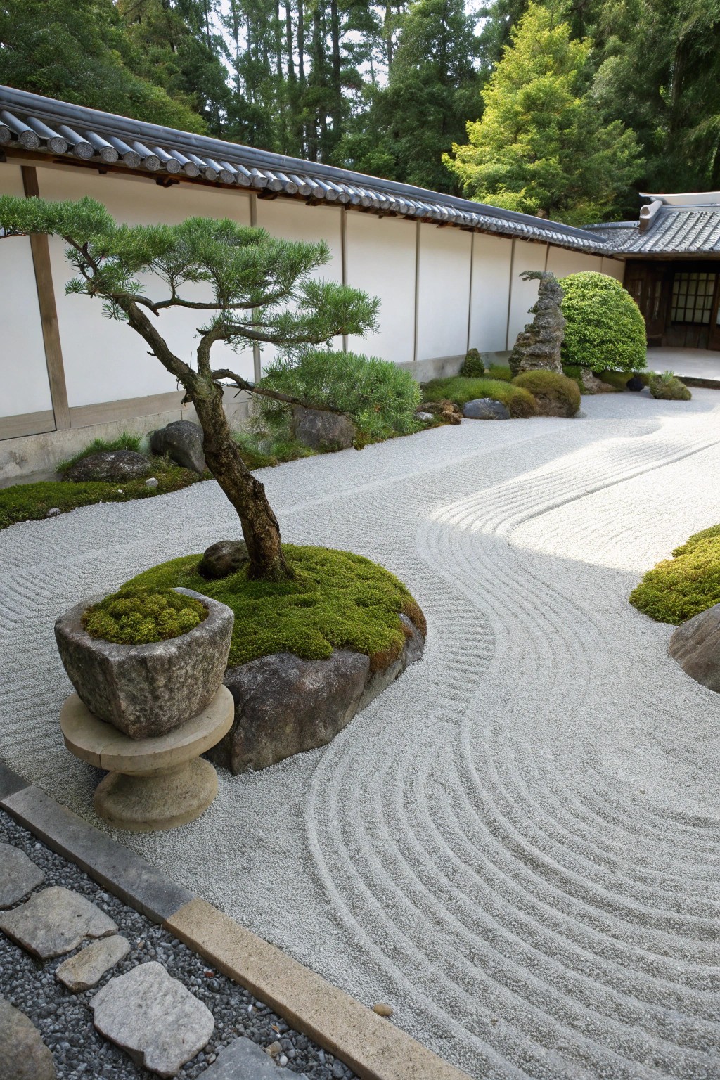 Serenity begins at the curb with a Zen-inspired gravel driveway.