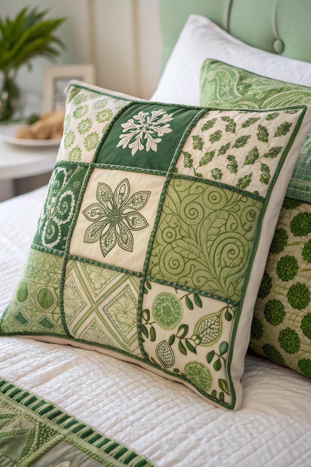 Maximalist greens: A single pillow, endless pattern play.