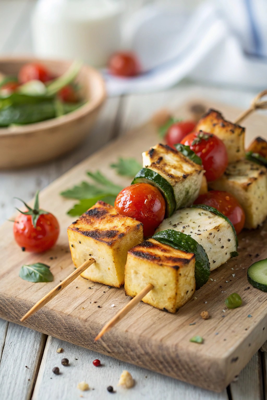Savor the beauty of perfectly grilled tofu & halloumi skewers—simple, delicious, and crafted with care.