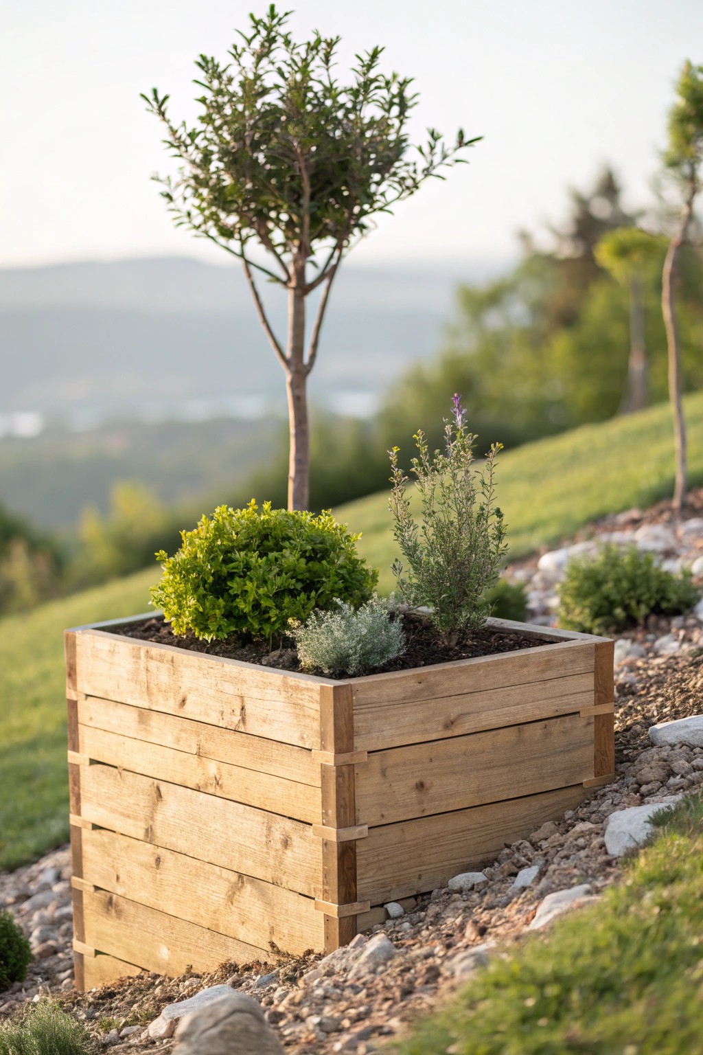 Effortless hillside layering: mix shrubs and trees for natural beauty on a budget.