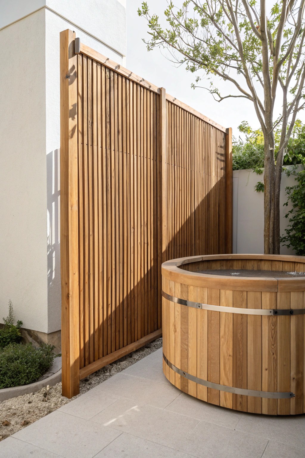 Transform your hot tub oasis with a stylish slatted wood privacy screen—natural beauty meets serene simplicity.