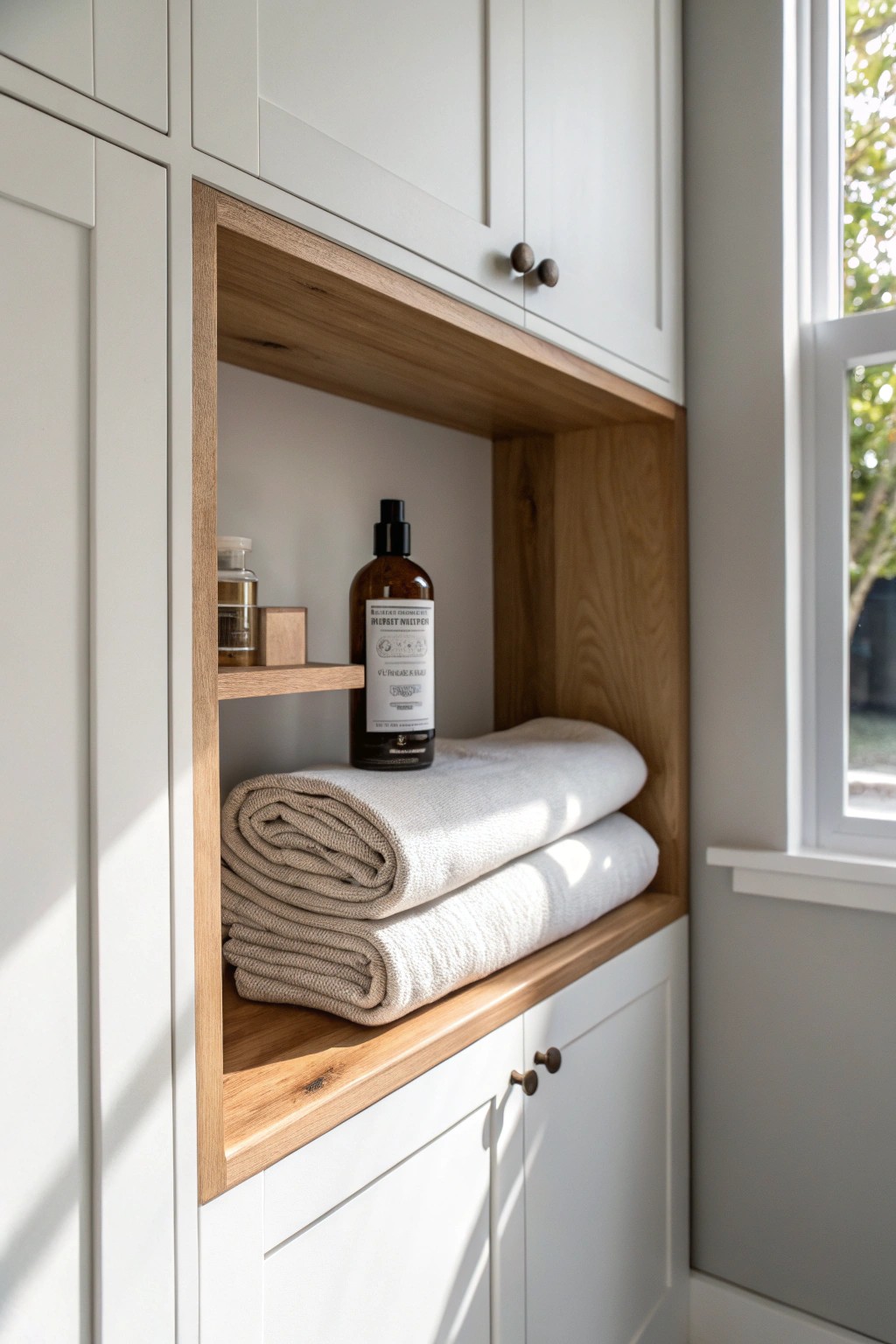 Hidden beauty: maximize every inch with a handcrafted shelf between cabinet and wall.