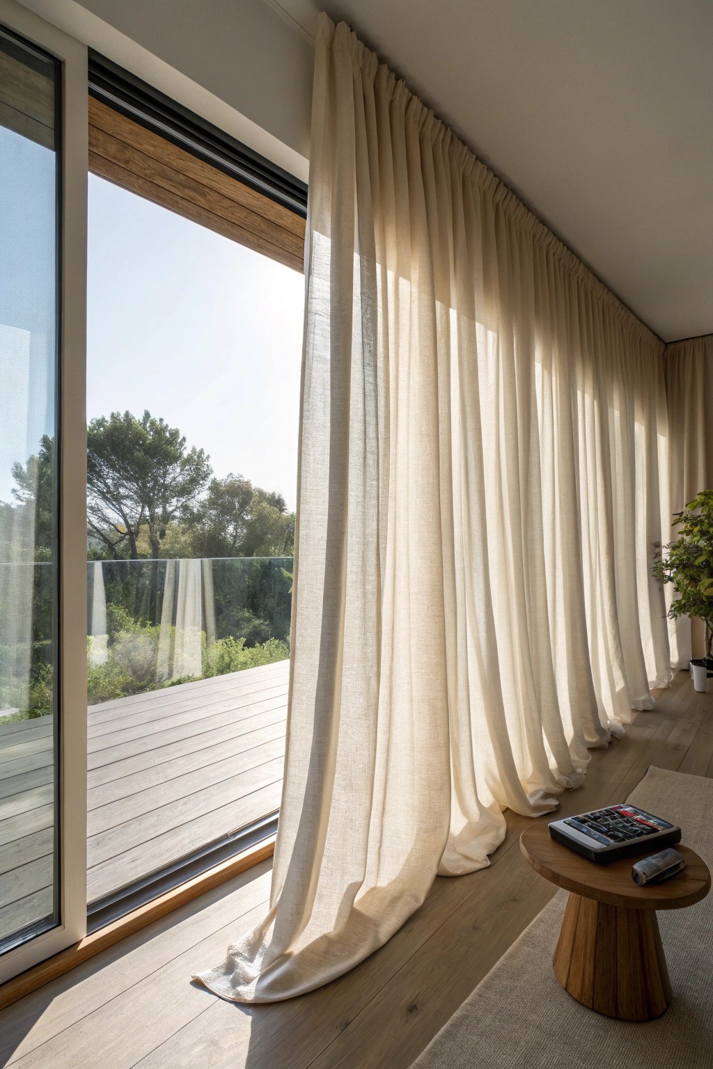 Effortless elegance: motorized linen curtains transform your living room in style.