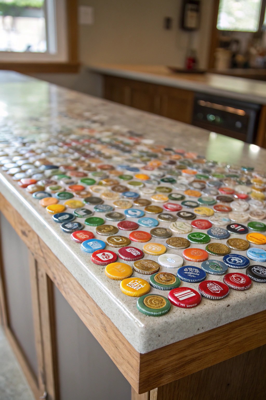 A stunning bottle cap countertop—where craftsmanship meets playful creativity.