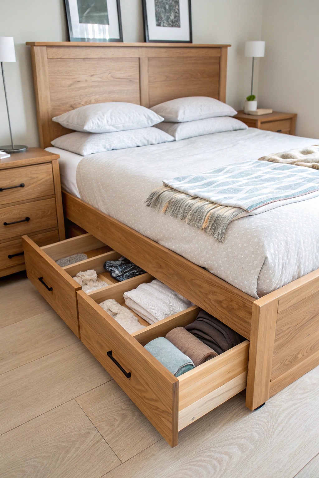 Effortless minimalism: Hidden storage keeps your bedroom serene and clutter-free.