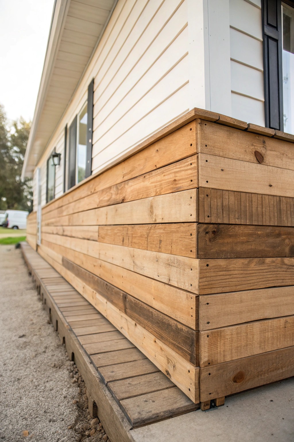 Elevate your mobile home with rustic-chic pallet skirting—simple, stunning, and full of character.