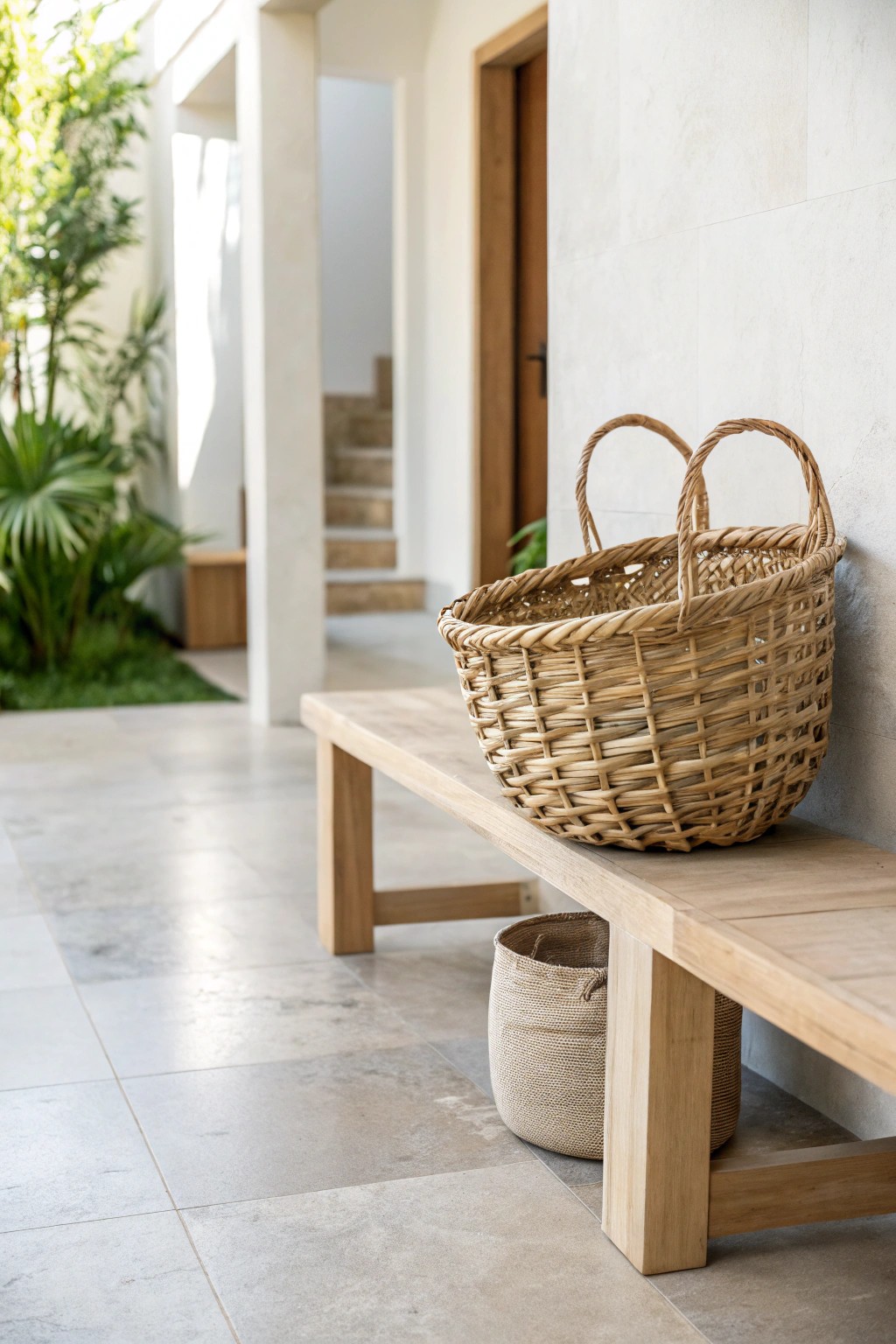 A woven basket brings warm texture and natural beauty to a modern entryway.