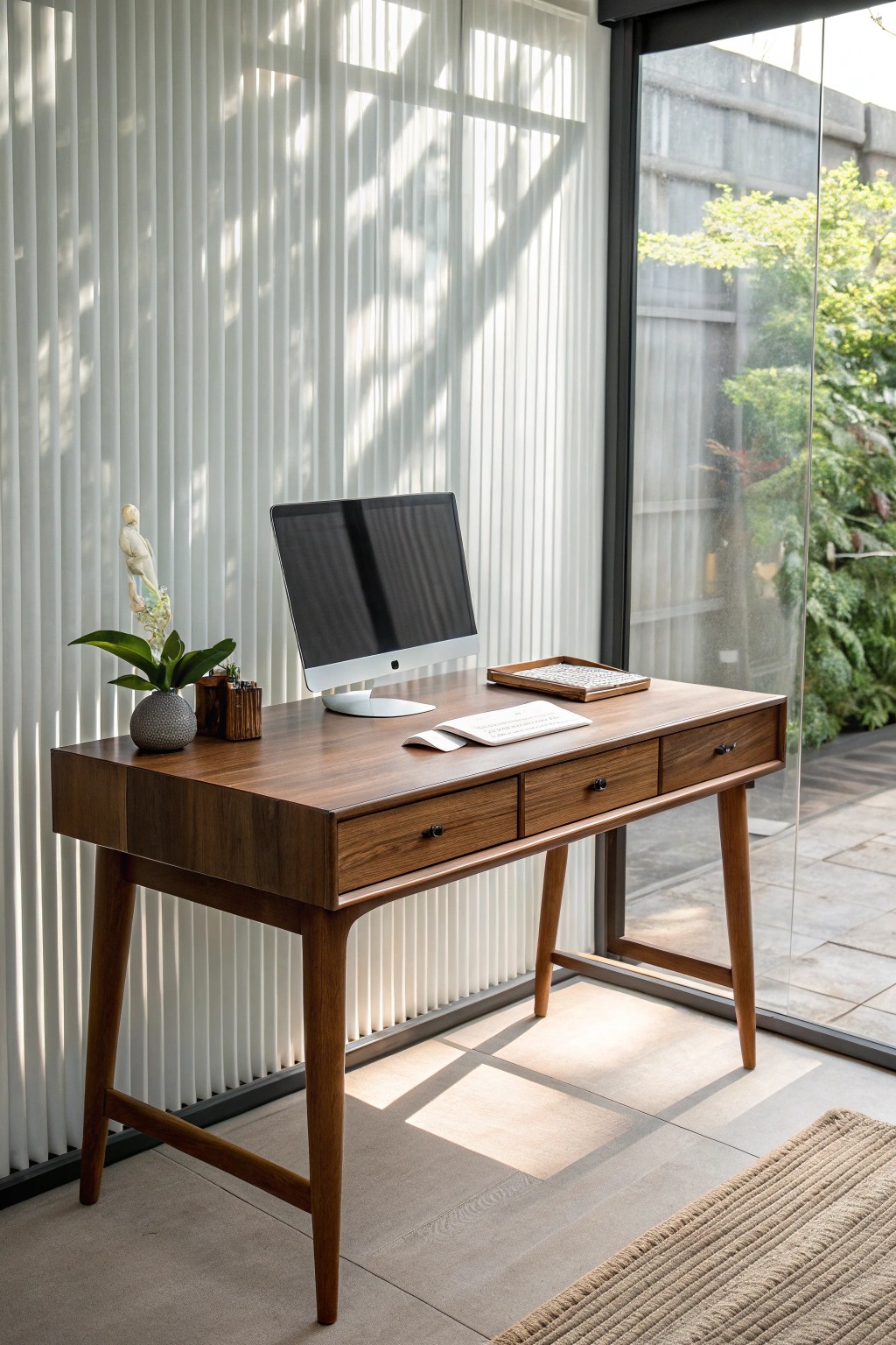 Elevate your workspace with the natural beauty of walnut and the subtle elegance of reeded glass.