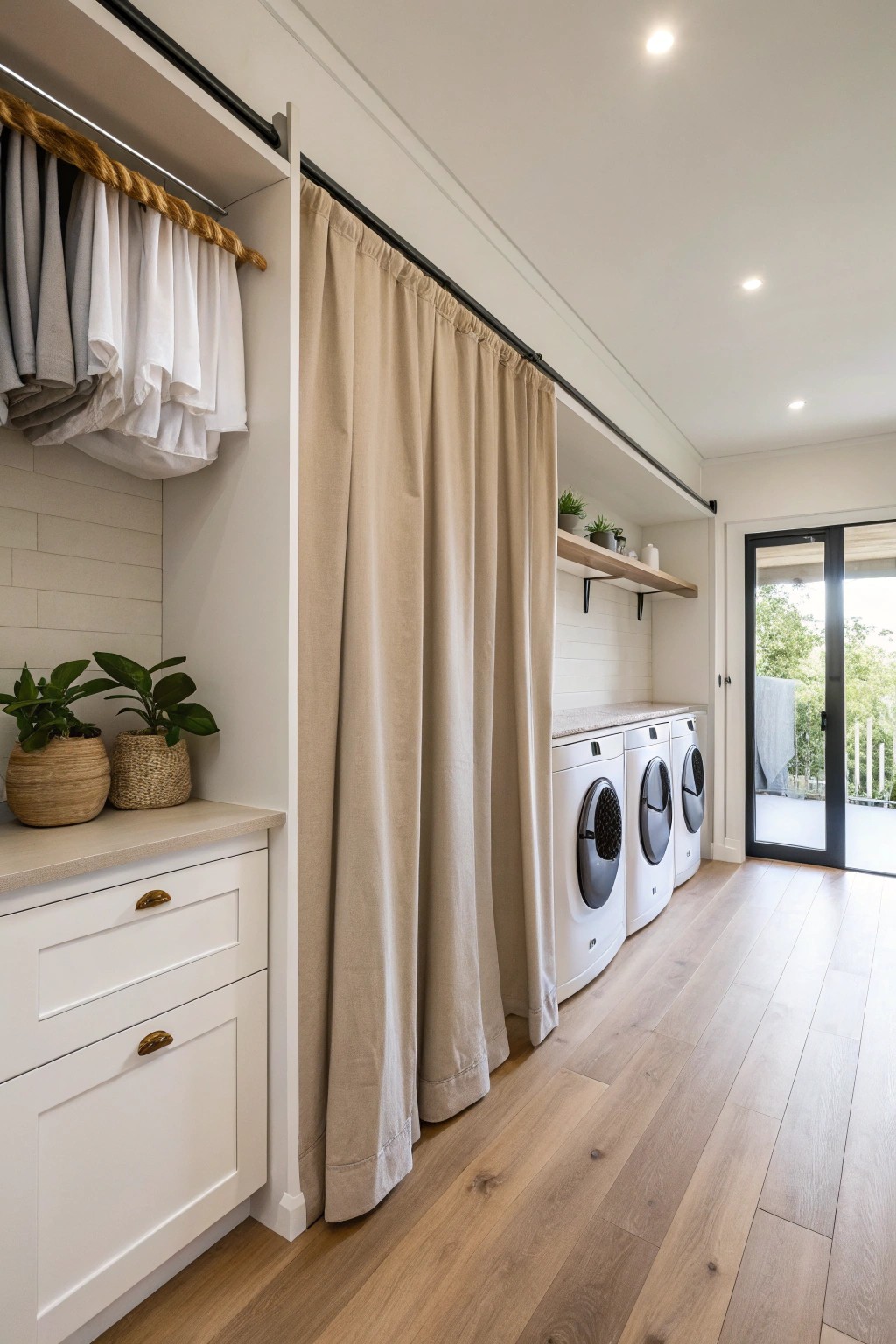 Elegant curtains hide clutter while lending a sophisticated, modern feel.