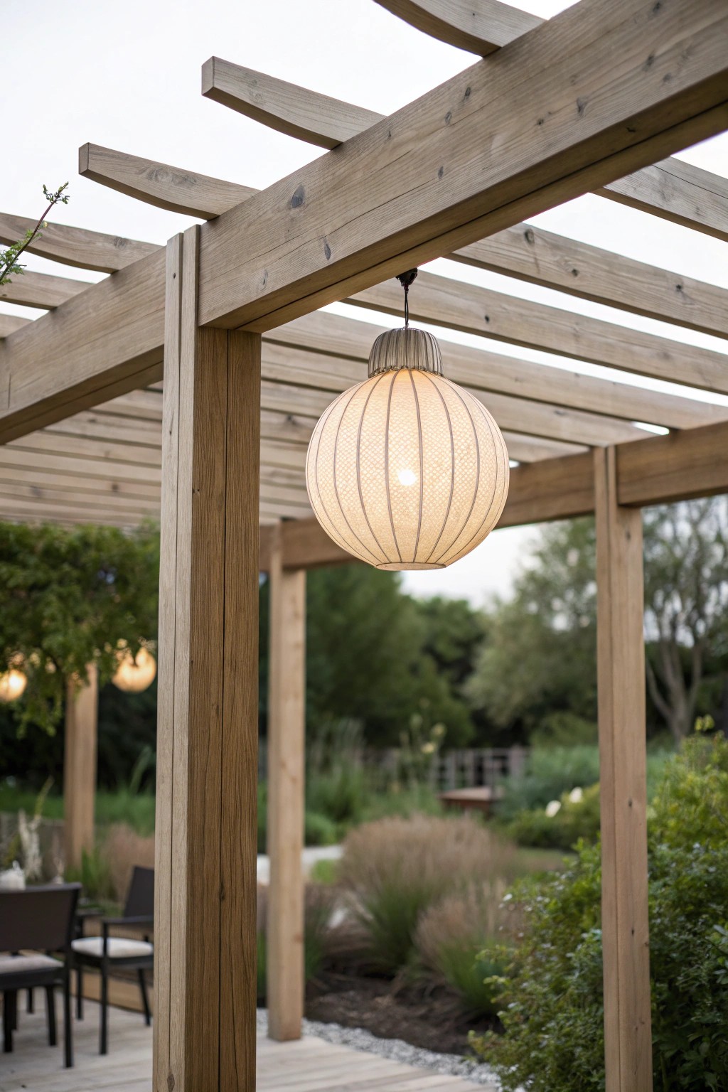 Elevate your outdoor space with a striking pendant light under a modern pergola.