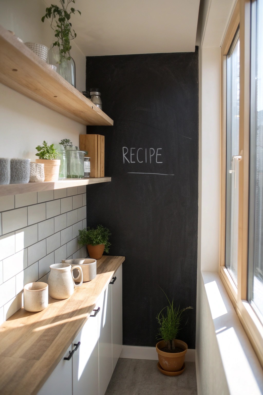 Modern minimalism meets creativity: a chalkboard wall adds playful function to small kitchens.