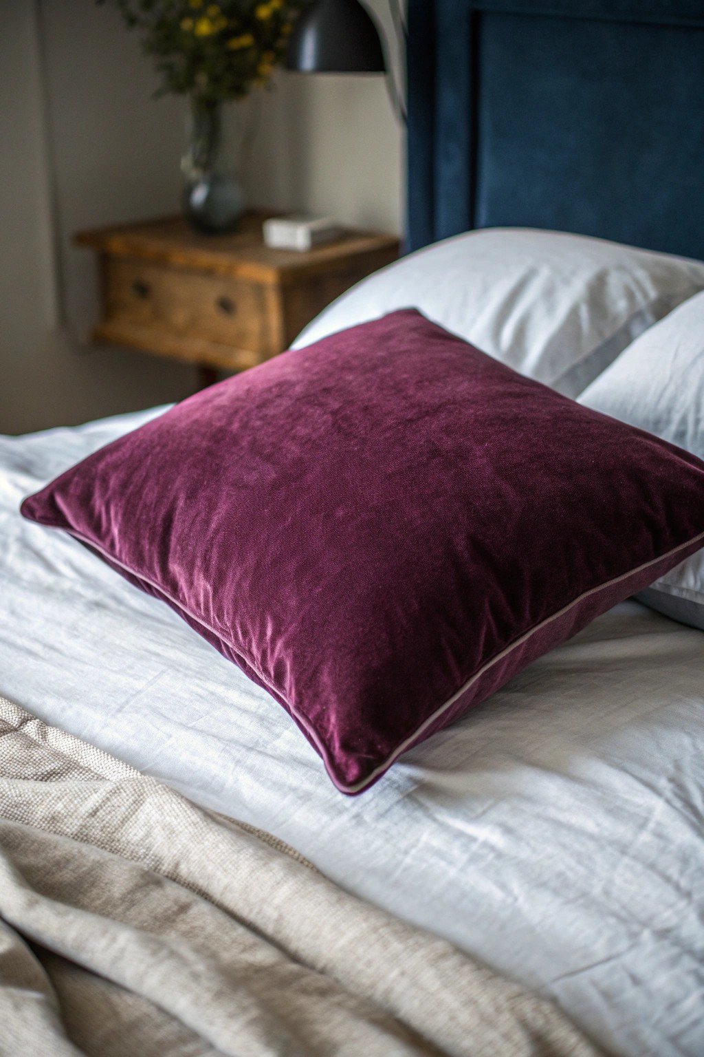 Elevate your bedroom with a bold plum accent for instant moody elegance.