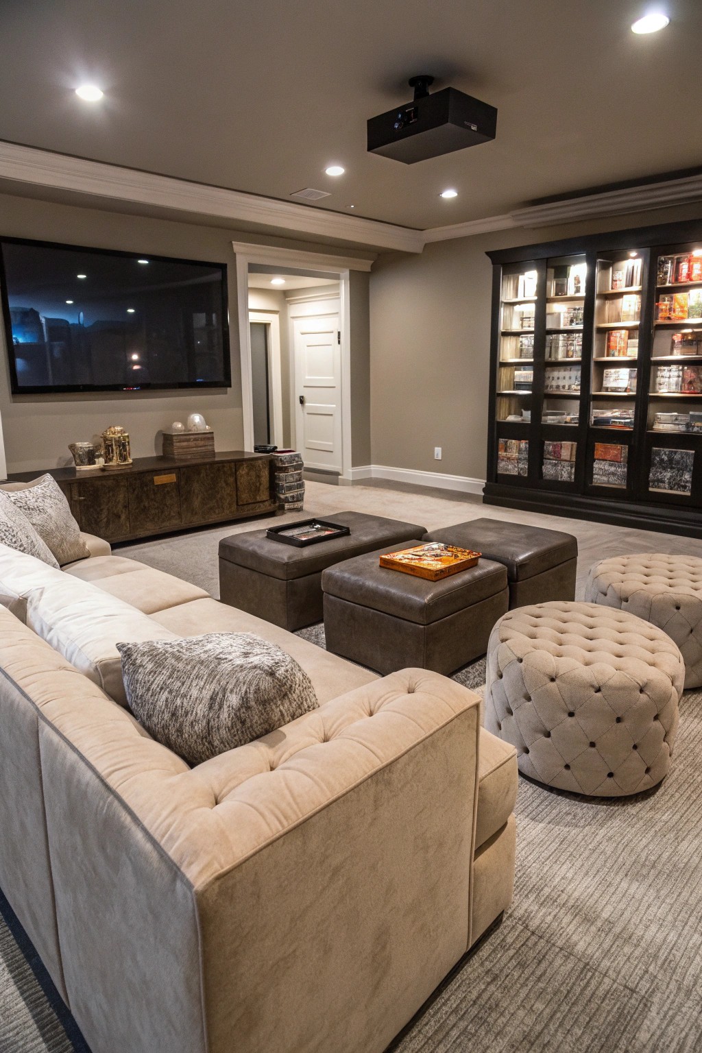 Hidden storage solutions keep your movie room sleek and organized.