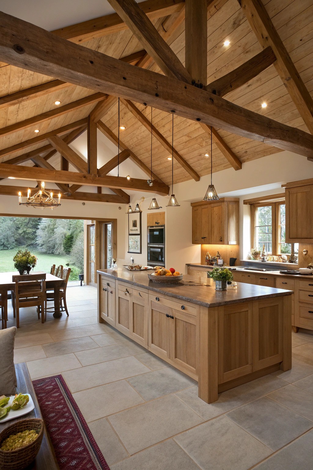 Exposed beams add architectural character and anchor the open kitchen visually.