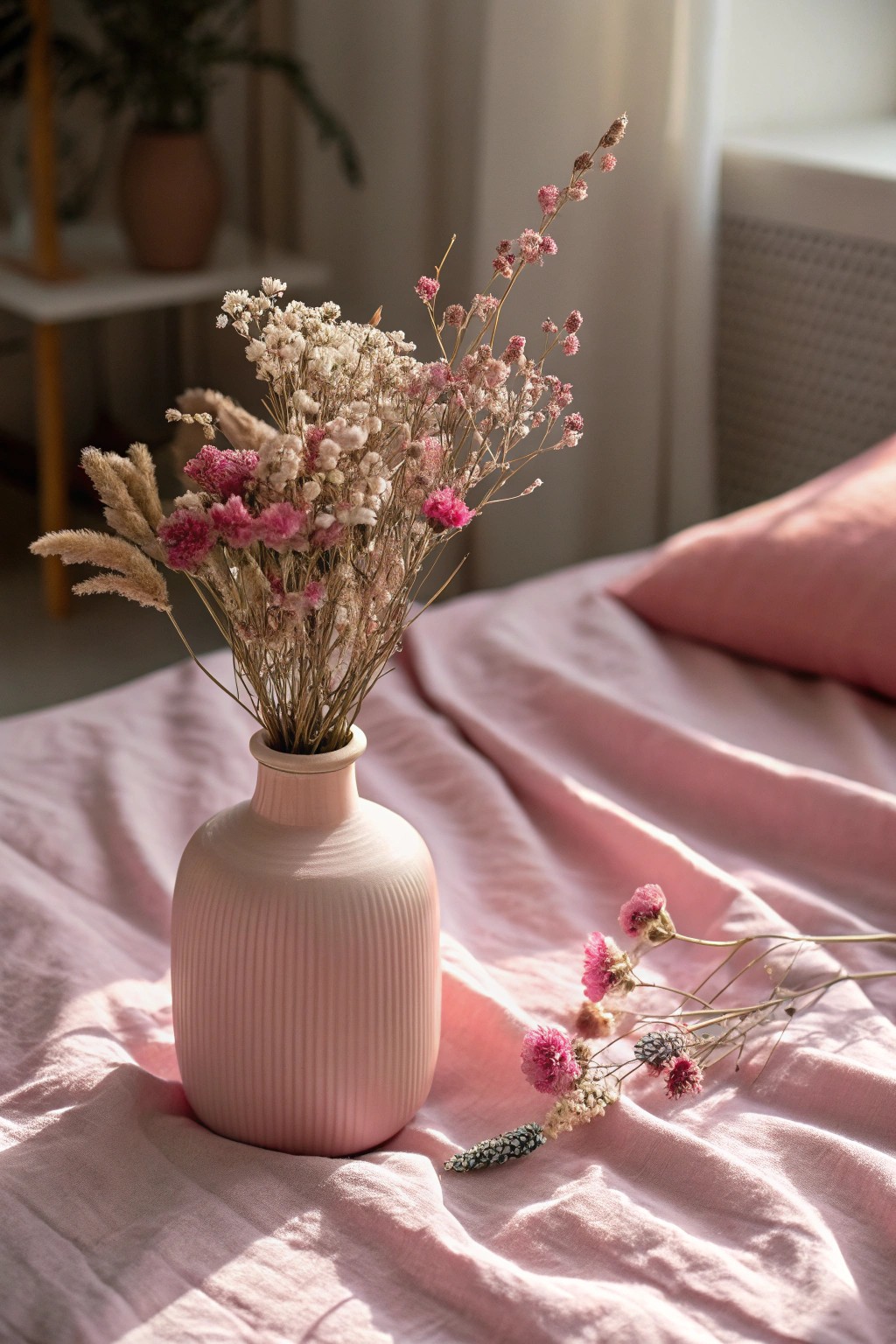 Layering pinks: a simple ceramic vase with blooms in every shade, perfect for a dreamy bedroom vibe.