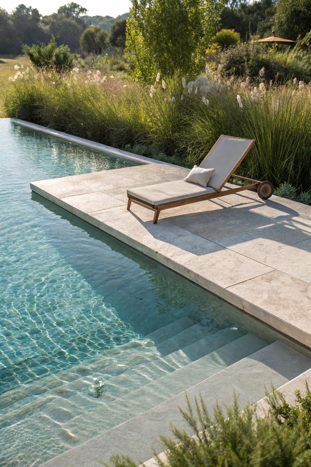 Soak up the sun in style—a serene sun shelf for ultimate poolside relaxation.